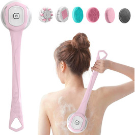 Electric Duschbürste (Shower Brush), Electric Back Brush with Long Handle, Back Brush Shower Massage Brush with 6 Cleaning Heads, Bath Brush for Spa Shower Peeling Massage Brush (Pink)