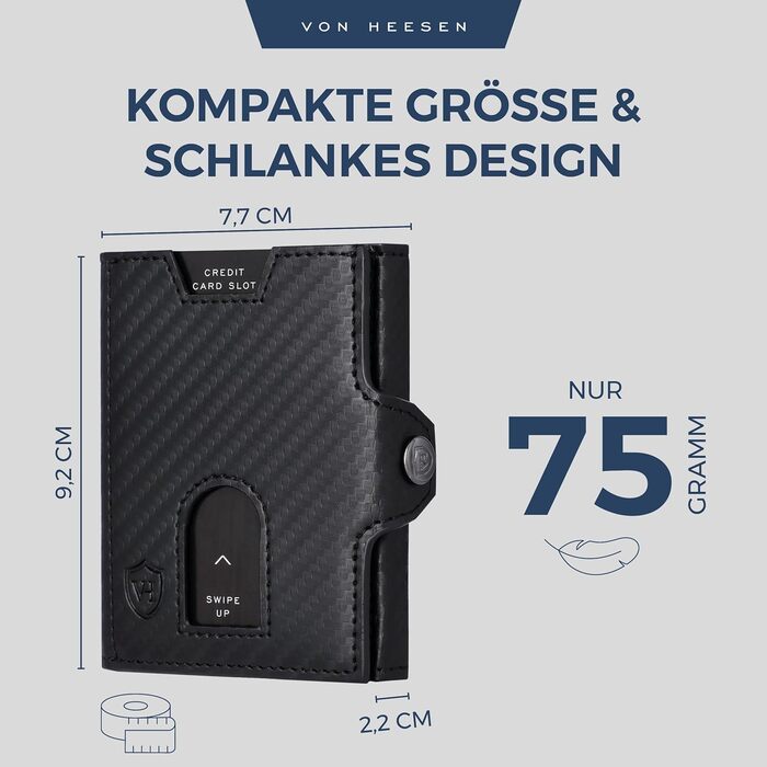 Стильний тонкий гаманець VON HEESEN з відділенням для монет та захистом RFID - гаманець для чоловіків та жінок - картхолдер, міні-портмоне, чорний карбон