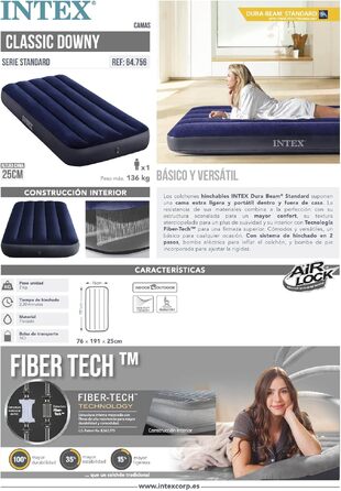 Повітряний матрац Intex Dura-Beam Fiber-Tech двоспільный для кемпінгу та гостей (76 x 191 x 25 см), макс. навантаження 272 кг (64758)