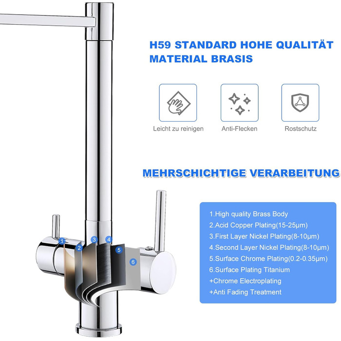 3-шляховий змішувач для кухні з поворотним гусаком 360°, 2 функції (злив/душ), 3-в-1, з двома ручками, для фільтрації води, з міді та нержавіючої сталі, хром, з магнітною насадкою для душу