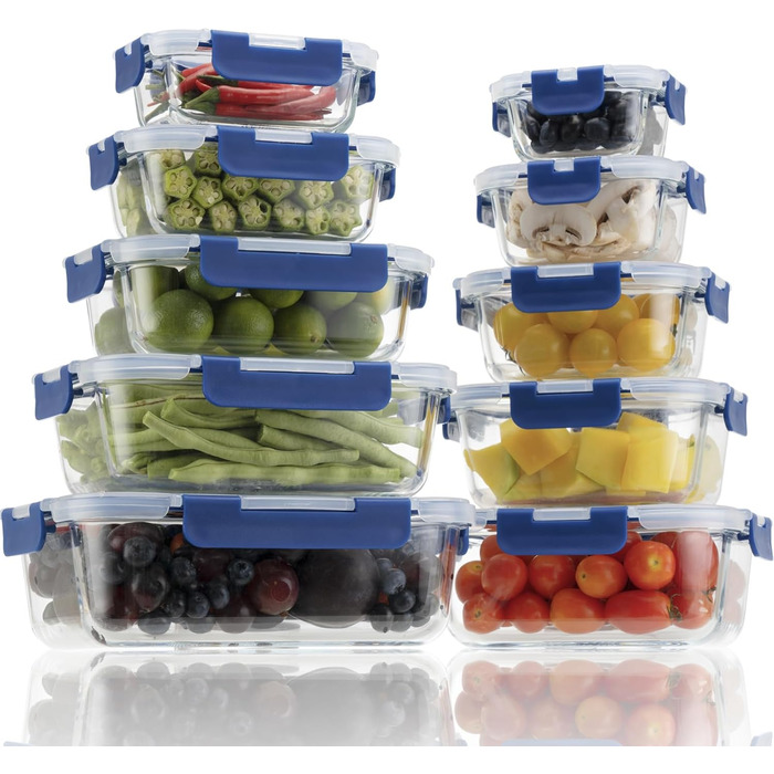 Набір скляних контейнерів для зберігання їжі з кришками з преміум-пластику, 10 шт., блакитні