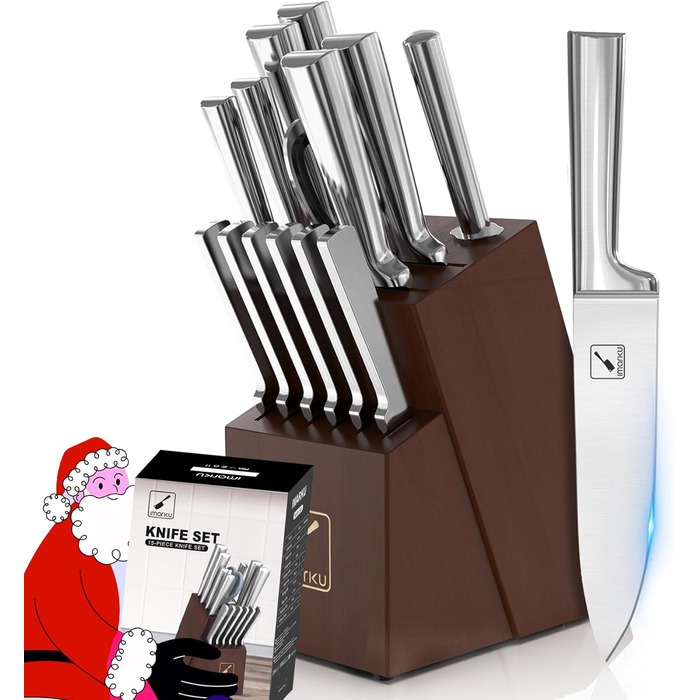 IMARKU 15-Piece Japanese Stainless Steel Knife Set with Block - Professional Kitchen Knife Set with Sharpener & Cleaning Block