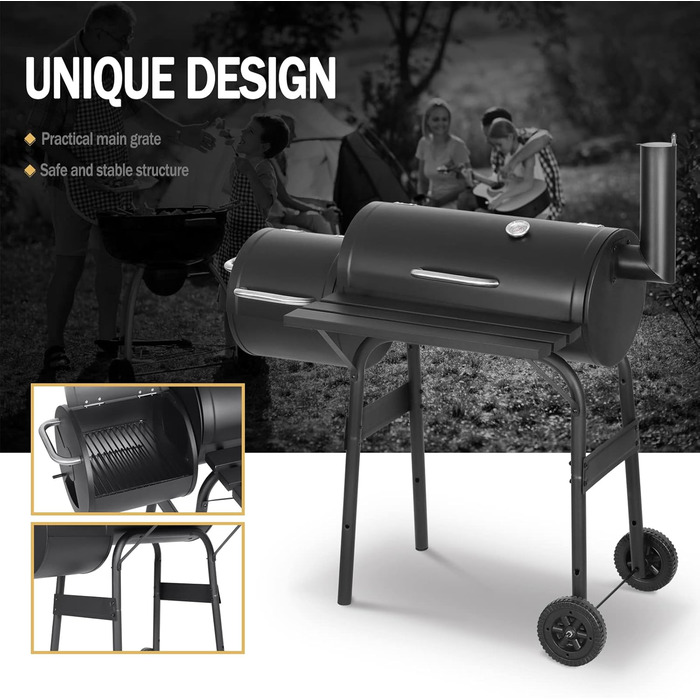 Гриль на вугіллі з кришкою Griller Outdoor, металевий гриль-вагон із колесами та робочою поверхнею, чорний садовий гриль для кемпінгу