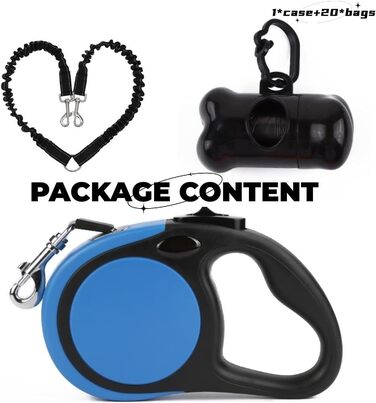 Висувна повід для 2 маленьких собак (до 20 кг кожна), 4.8 м, повід з мішками для екскрементів, неслизька ручка, однокнопкове управління, 360° без перекручування, розмір M (Блакитний)