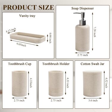 Набір аксесуарів для ванної кімнати YMXYJM, 6 предметів: тримач для зубних щіток, дозатор мила, стакан, органайзер для бавовняних паличок, бежевий колір. Організація ванної кімнати в сучасному стилі.