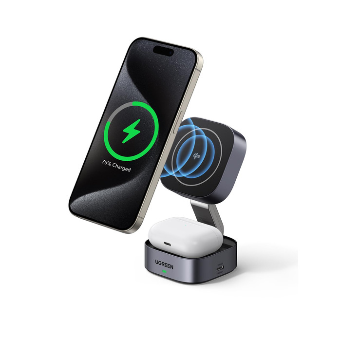 Ugreen MagFlow Qi2 Бездротова зарядка 15W 2-в-1 MagSafe для iPhone 15/16/17, AirPods + Кабель 1м