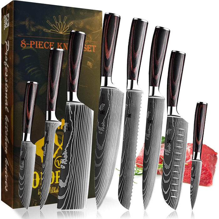 Набір професійних кухонних ножів | Шеф-ніж, Сантоку, хлібний ніж та інші | Нержавіюча сталь з лазерним візерунком, ручки з пакавуду | Подарунковий набір