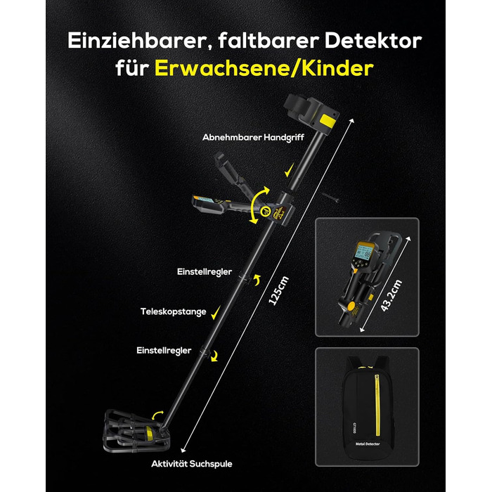 Металодетектор професійний для дорослих та дітей – водонепроникний, з LCD-дисплеєм та спіральною котушкою 25 см, бездротовий, складної конструкції, з акумулятором 2000mAh – високоточний, жовтий