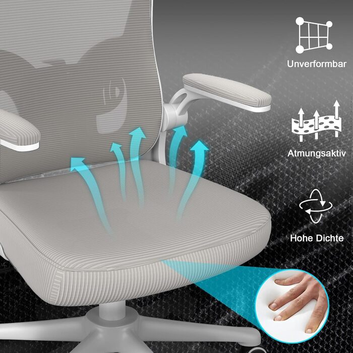 Офісний крісло Rattantree: ергономічне, з регульованою підголівником, підлокітниками та підтримкою попереку, регулювання висоти, дихаюча спинка, сіре