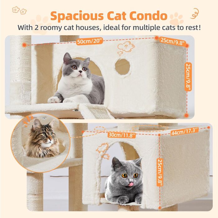 Дерев'яний кігтеточки Taoqimiao MS026W (Бежевий, 180 см) з 2 будиночками, гамаком та 8 кігтеточками