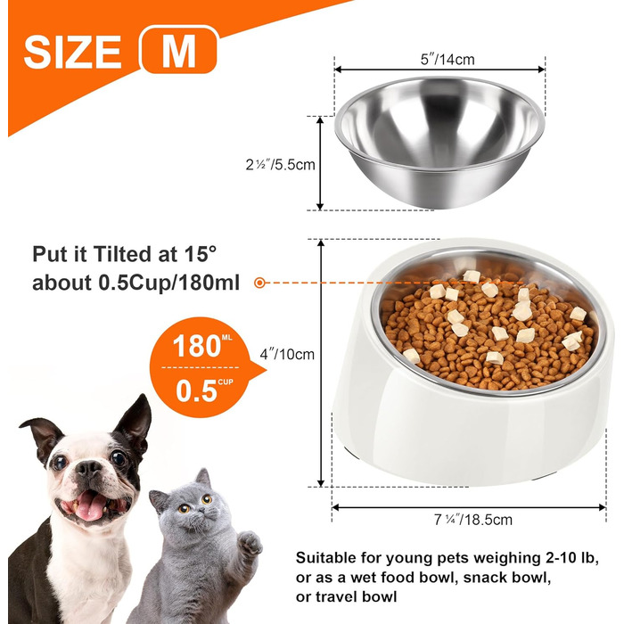 Миска для собак Petvillage з нахилом 15°, неслизька, знімний підставник, розмір S/0,5 чашки, білий/оптичний сад