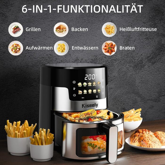 Електрична фритюрниця без олії, 6 літрів, з сенсорним скляним дисплеєм, 10-в-1, нержавіюча сталь, автоматичне відключення, регулювання температури, для смаження, випікання, грилю та підтримання тепла (ZL3)