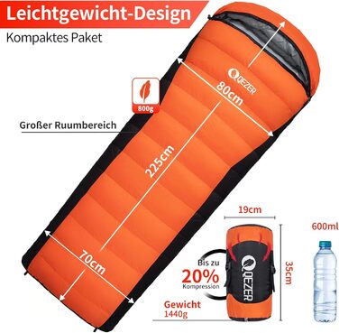 Спальний мішок пуховий зимовий, 600FP+ Premium, 12°C до -24°C, 3-4 сезони, для кемпінгу, трекінгу, походів, оранжевий