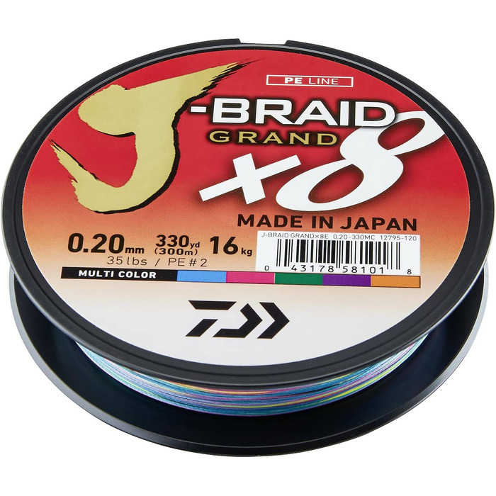 Daiwa J-Braid Grand x8E, 300m, Multicolor, Braided Fishing Line