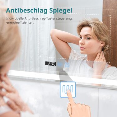 Дзеркало YOURLITE з підсвічуванням, 70x50 см, LED дзеркало для ванної кімнати з сенсорним вимикачем, годинником, 3 кольори світла, регулювання яскравості, запобігання запотіванню, пам'ять налаштувань, срібло