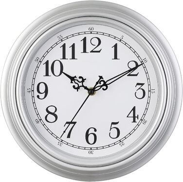Plumeet Extra Large Wall Clock Classic Quiet Wall Clock without Ticking for Living Room - Bedroom - Battery Operated (Arabic Numerals) (25cm, Silver)