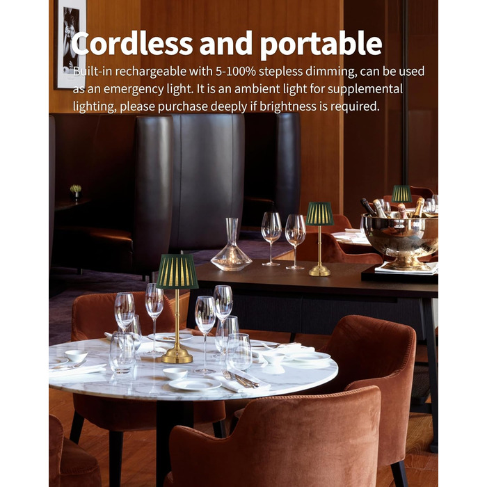 LED Настільна лампа бездротова, димована вінтажна приліжкова лампа, ретро акумуляторна настільна лампа 4000mAh, для дому, бару, вітальні (Золото + Зелений абажур, 2 шт)