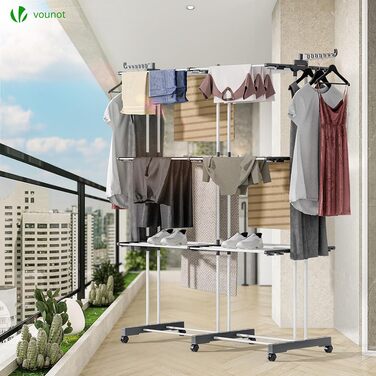 VOUNOT® Сушарка для білизни Турбо, висувна, компактна, для дому та вулиці, з розкладними крилами, телескопічною штангою та 6 роликами, 40м довжини сушіння, 3 яруси, біла