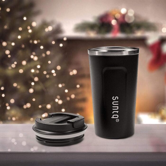 Термокружка для кави з нержавіючої сталі SUNTQ - 510 мл, з подвійними стінками, ізольована, з кришкою, що не протікає, багаторазова (Чорний)
