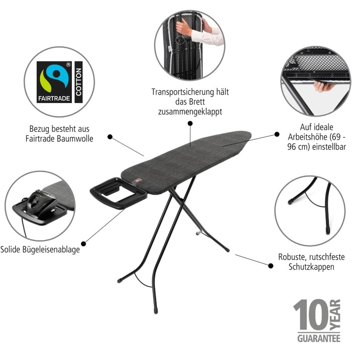 Гладильна дошка Brabantia Bügelbrett B, 124 x 38 см, Denim Black – 100% Fairtrade-бавовна, стабільна, регульована висота, з відсіком для праски