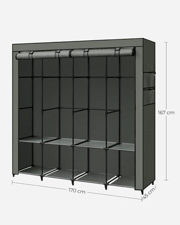 SONGMICS Closet, Wardrobe, 4 Hanging Shelves, with Shelves, 4 Side Pockets, Plenty of Space, for Bedroom, Living Room, RYG094B02 (45 x 170 x 167 cm, Sage Green)