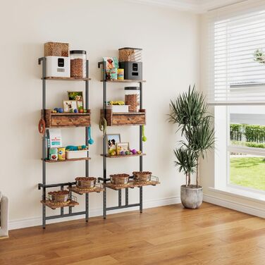 Підвищена годівниця для собак з місцем для зберігання та двома антиковзними килимками, для великих собак, регульована висота, настінний монтаж, колір вінтажний коричневий