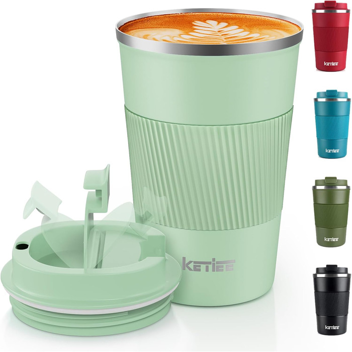 Термокружка для кави та чаю Ketiee 510 мл, подвійні стінки, з кришкою, оливковий зелений