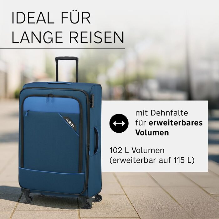 Paklite Валіза ручної поклажі на 4 колесах, 55 см, 41 л, з TSA замком та функцією накладки, блакитна