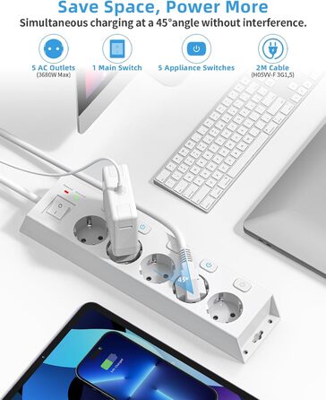 Мережевий фільтр Steckdoseleiste 5-fach з вимикачами, захистом від перенапруги 1050J, для дому та офісу, білий, кабель 2м