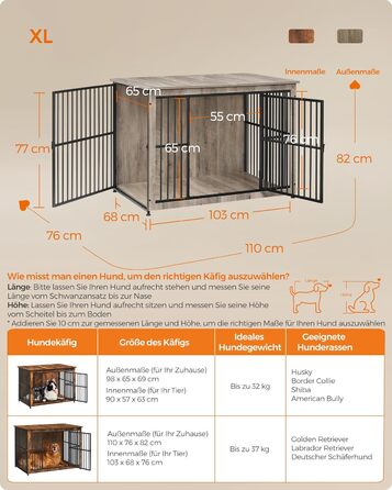 Клітка для собак Feandrea XL, меблева, з журнальним столиком, для собак до 37 кг, міцна, закритий дно, 2 двері, сірий меланж (110 x 76 x 82 см)