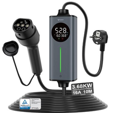 Кабель для електромобіля GONEO Typ 2 Schuko, 10м, 16A, 3.68 кВт - Портативна зарядка з захистом FI, автоматичним заземленням та контролем температури, таймер для електромобіля, сертифікат TÜV