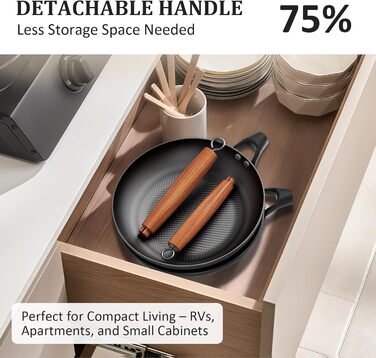 Набір сковорідок YUTANN з чавуну (20, 24, 28 см), з антипригарним покриттям, знімний дерев'яний ручка, для плити, індукції, духовки, без PFAS/PFOA, легко мити (чорний)