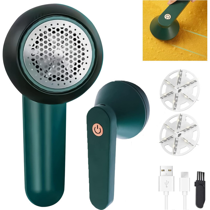 Електричний видальник ворсу Fusselrasierer: тест-переможець з 6-лезовою голкою, USB, для одягу та меблів (зелений)