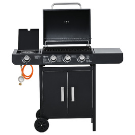 Газовий гриль Outsunny BBQ з коліщатками та 3 пальниками та 1 бічним пальником, редуктор та шланги, багатофункціональний, сталь, чорний, 110x50x100 см