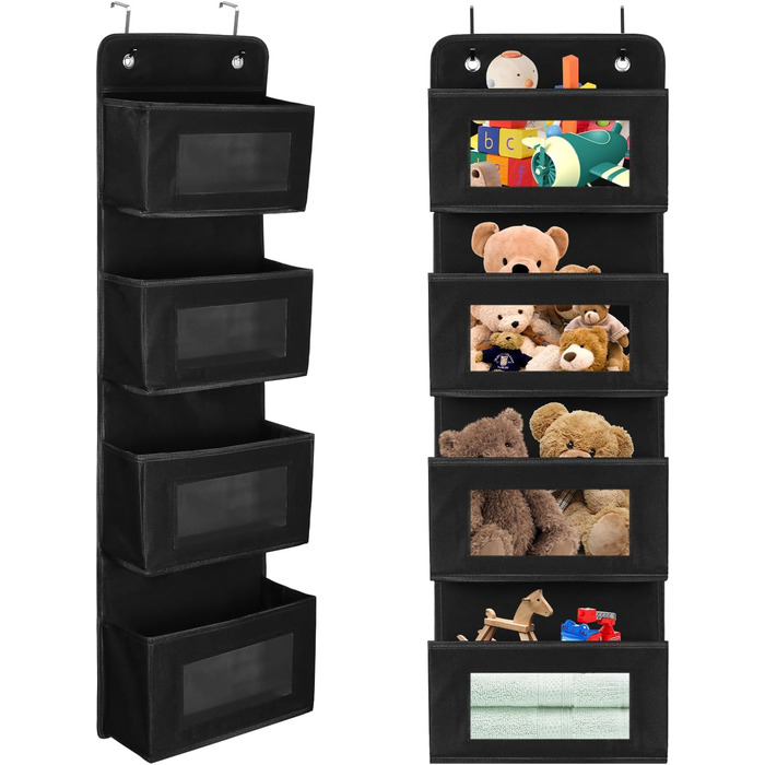 Настінна вішалка-органайзер на двері з 4 великими кишенями та прозорим вікном, 2 металеві гачки, чорний колір, для спальні, офісу, дитячої кімнати