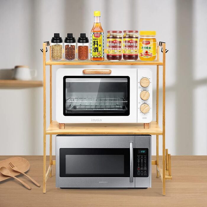 Поличкова система для мікрохвильової печі 3 яруси, органайзер з гачками, розширювана, висувна, 40-64см, з вуглецевої сталі (3 яруси, бамбук, 55x35x67см)