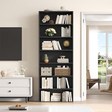Книжкова шафа FirFurd з 7 полицями, чорна, 209,5x60x23,5 см, для вітальні, офісу та спальні