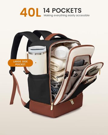 LOVEVOOK Рюкзак для ручної поклажі 40L з окремим відділенням для взуття, рюкзак-валіза для подорожей, жіночий, з відділенням для мокрого та сухого, 3 шт. (Бежевий, Зелений, Чорний, Білий, Коричневий)