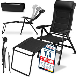 ELONEO Folding Camping Chair with Removable Footrest, Folding Chair Made of Aluminum, Folding Garden Chair, Reclining Chair with Adjustable Backrest, Camping Chair (Folding Chair with Footrest (with Premium Cushion), Black)