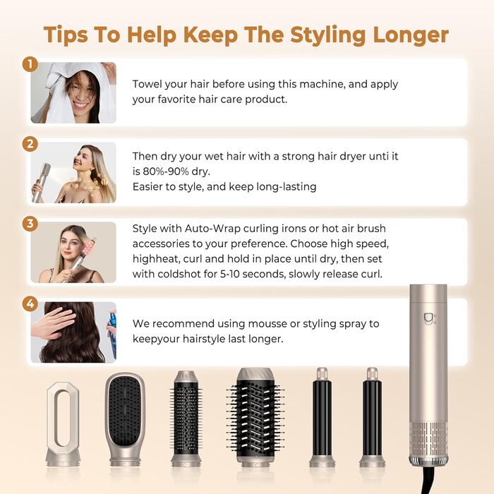 UKLISS Hairstyler 6 в 1 Airbrush: професійний набір для укладки волосся | 1000W | Air Curler, фен-щітка, стайлер для локонів, об'єму та випрямлення | Золотий