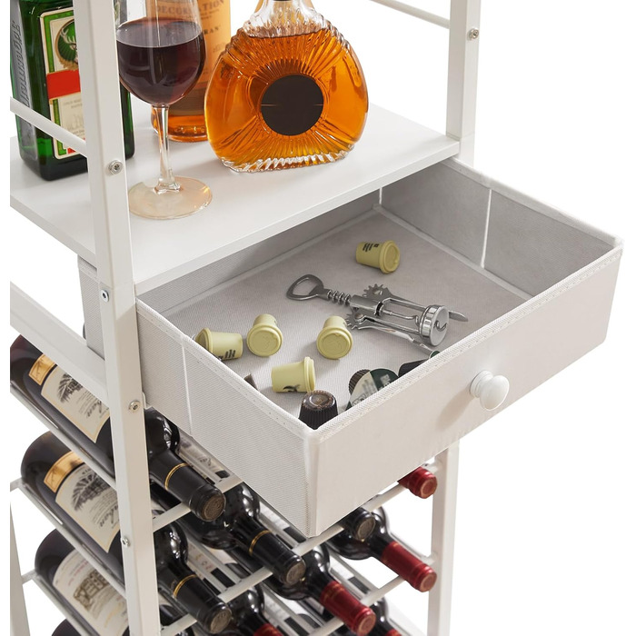 IBUYKE Wine Rack, 4-Tier Freestanding Wine Rack with Glass Holder and Drawer, 16 Bottle Rack Countertop Wine Rack with Tabletop Storage, for Kitchen, Bar, Dining Room, White TMJ905W