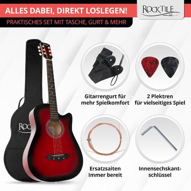 Rocktile WSD-5C-RDB: Акустична гітара Вестерн Slim Line - комплект з чохлом, струнами, ремінком та медіатором. Корпус з липи, гриф з катальпи. Колір: Redburst