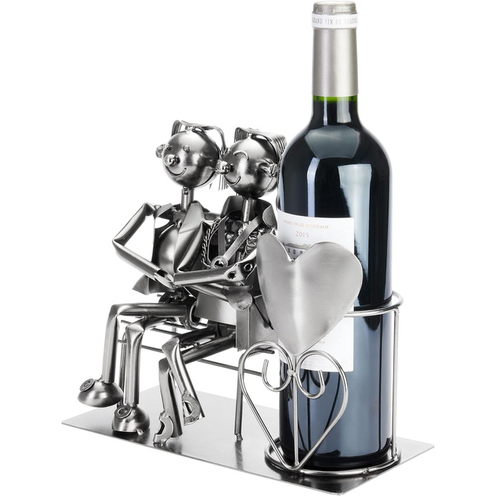 BRUBAKER Bottle Holder Men Loving Couple on Bench - Wine Bottle Holder Silver - Metal Bottle Stand Love - Metal Sculpture Gift for Married Couples with Gift Card (Woman + Man)