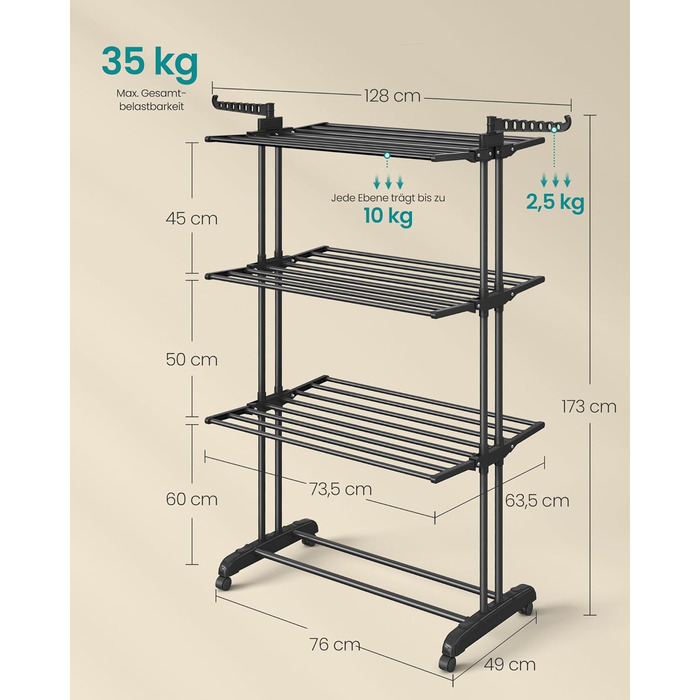 SONGMICS Сушарка для білизни на коліщатках, 4 яруси, чорна, 63.5 x 125.5 x 173 см, LLR703G01