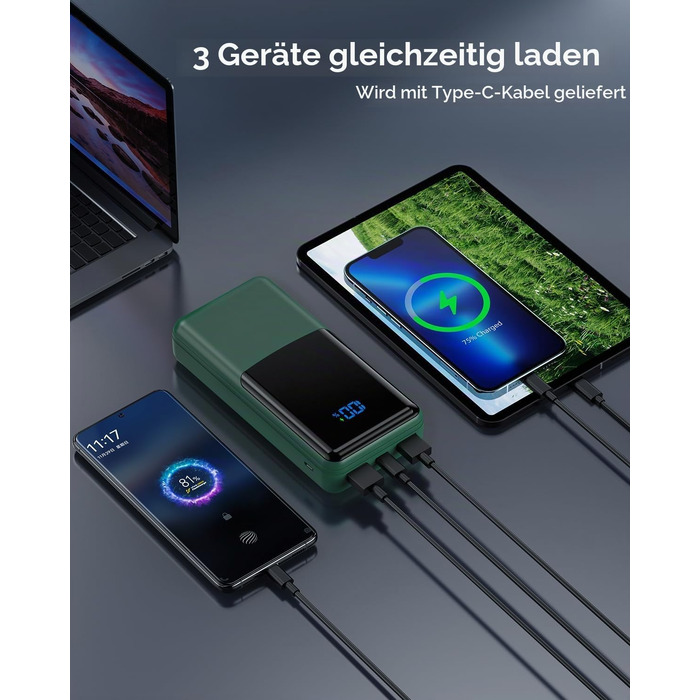 Повербанк Power Bank 27000mAh з швидкою зарядкою USB-C PD 20W, зовнішній акумулятор для iPhone та Samsung з LED-дисплеєм, 2 входи та 3 виходи