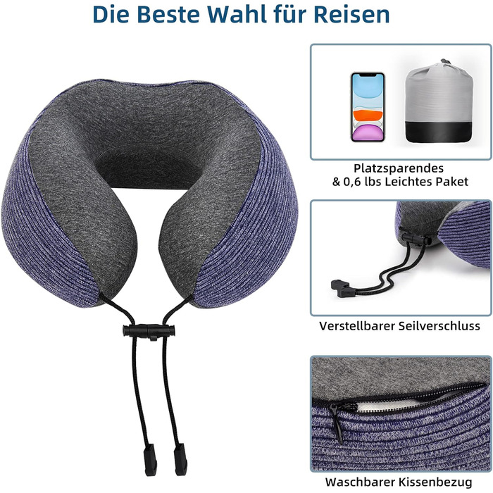 Подушка для шиї у подорожах, 100% Memory Foam - для автомобіля, літака, поїзда, офісу та кемпінгу, з чохлом, маскою для сну та берушами, фіолетовий