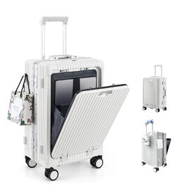 Чемодан ручної поклажі 56 см, 20 дюймів, з алюмінієвим каркасом, PC корпус, 4 колеса, TSA замок, USB-порт, тримач для напоїв, білий