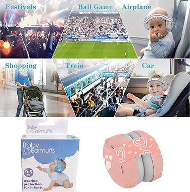 Навушники для захисту від шуму для немовлят, рожеві. Зменшують шум до 25 dB, регульоване антиковзне обруч до 36 місяців, м'які та легкі.