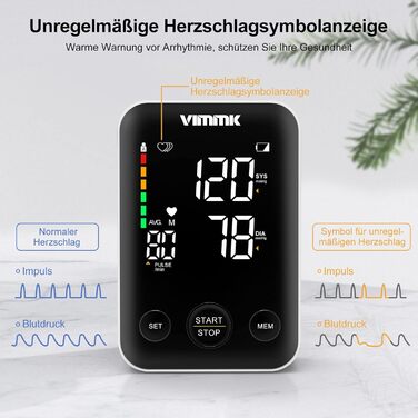 Тонометр Vimmk на плече, цифровий, для вимірювання артеріального тиску, LED-дисплей, виявлення аритмії та вимірювання пульсу, пам'ять на 2x120 показників, манжета 22-40 см, чорний