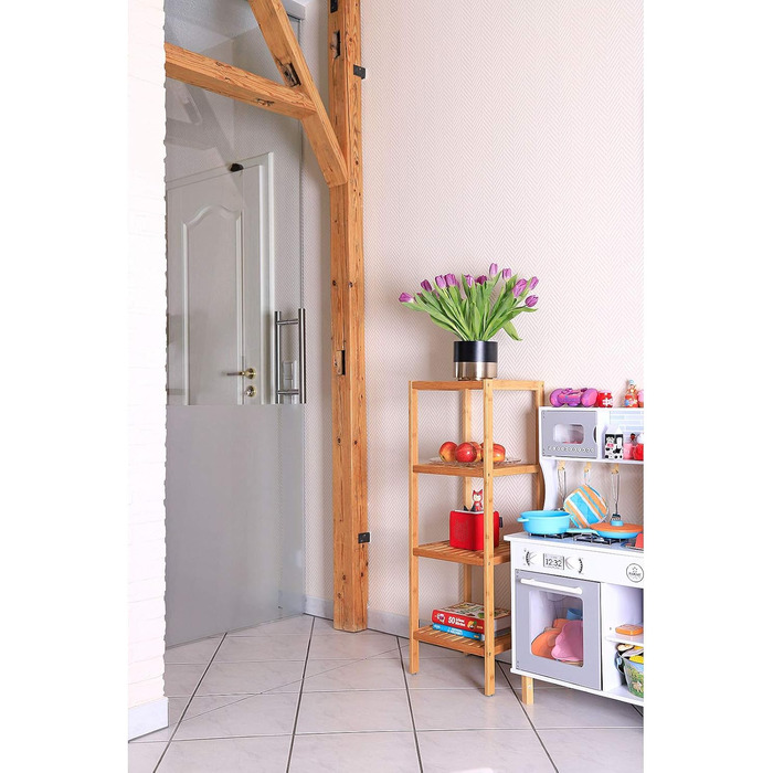 dibea Bathroom Shelf with 4 Shelves, Living Room Shelf, Standing Shelf, Bamboo Shelf, Bathroom Shelf, Bookshelf, Corner Shelf, Kitchen Shelf, 33x33x98 cm, natural color